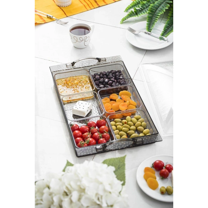 Akrilik Barok Füme 6 Bölmeli Tek Kapaklı Büyük Kahvaltılık