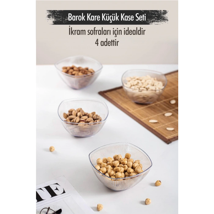 Akrilik Barok Şeffaf Kare 4lü Küçük Kase Seti & Çerezlik & Sunumluk & İkramlık (Cam Değildir) 6763DP4