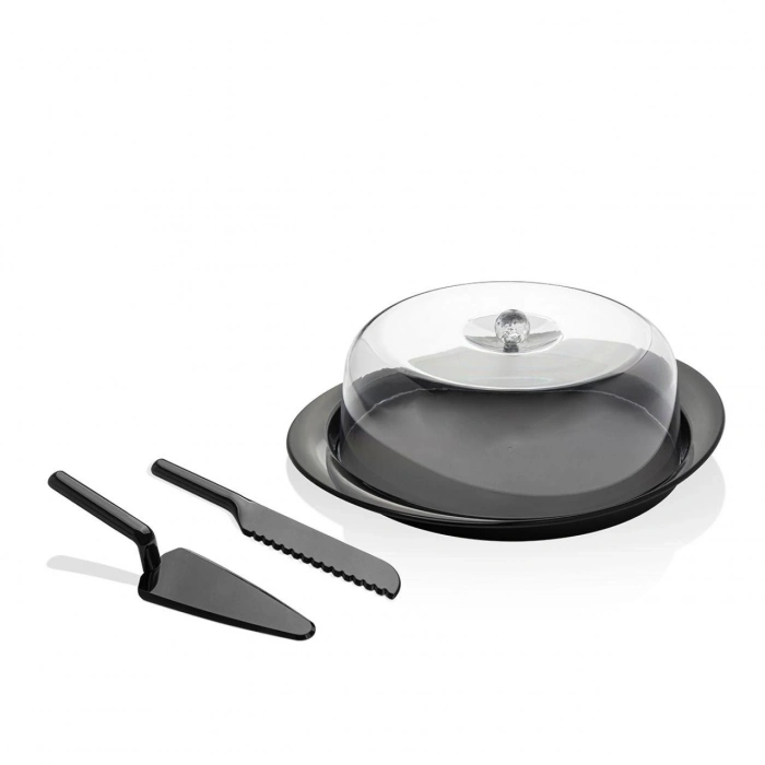 Akrilik Mat Siyah Kek Fanusu ve Servis Seti - 33 x 39 x 14 cm