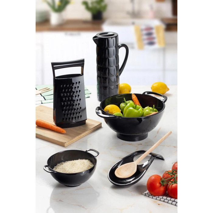 Akrilik Siyah 5 Parça Sürahi & Rende & Süzgeç & Mini Süzgeç & Kaşıklık & Mutfak Çeyiz Seti