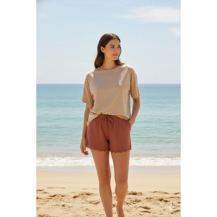 Bambu Fitilli Kadın Ev Şortu Bacak Dantel Detaylı Ev Giyim Taba