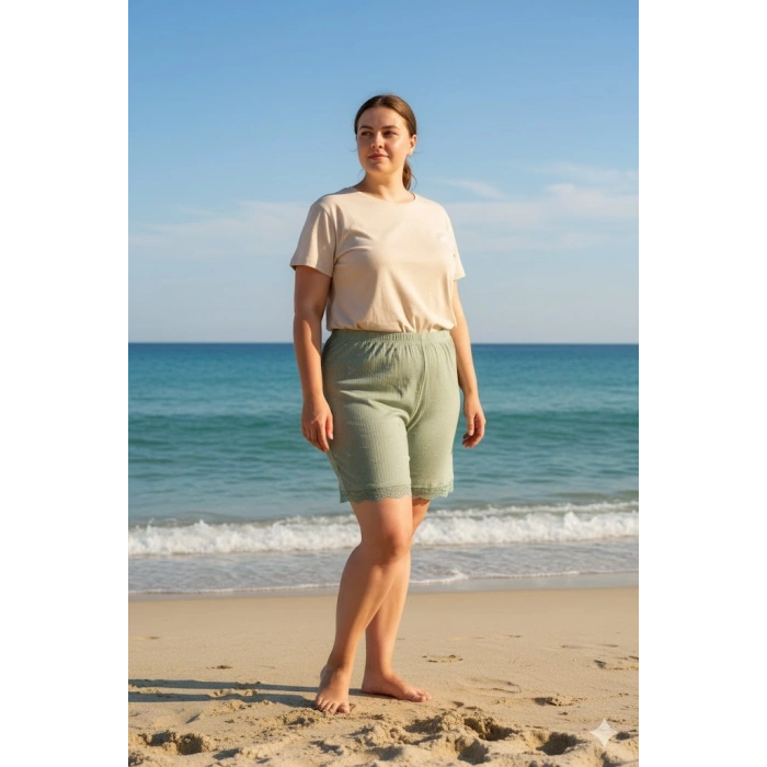 Bambu Fitilli Kadın Ev Şortu Bacak Dantel Detaylı Ev Giyim Yeşil