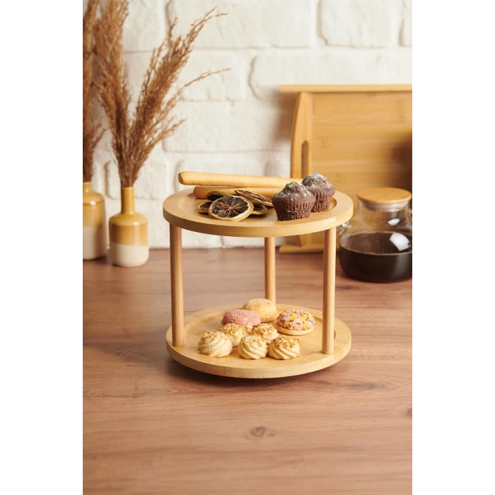 Bambu İki Katlı Döner Sunumluk 24,5×24,5×18 cm
