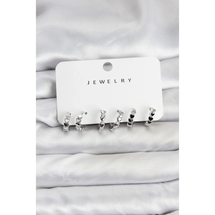 Gümüş Renk Pirinç Minimal Kalp Detaylı Kadın Küpe Seti