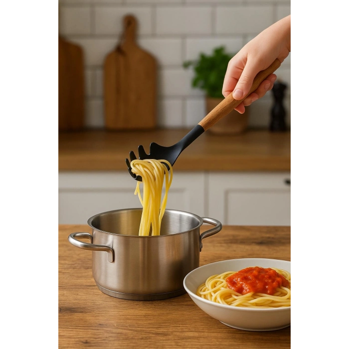 Bambu Saplı Silikon Spagetti Makarna Servis Kaşığı Siyah