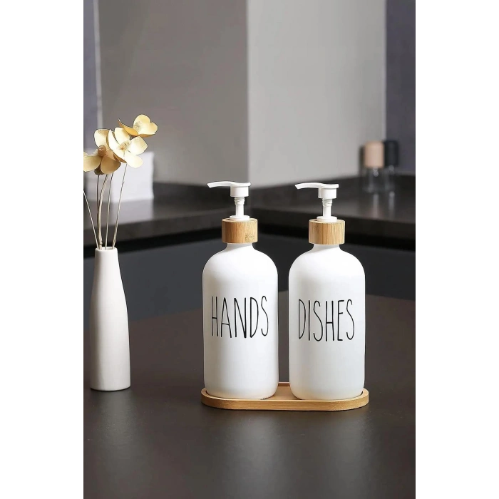 Beyaz Cam İkili Sıvı Sabunluk Seti 500 ml Bambu Altlıklı
