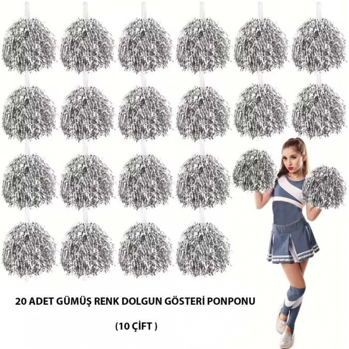 BFS 10 Çift ( 20 Adet ) Gümüş Renk 23 Nisan 19 Mayıs 29 Ekim Okul Gösteri Ponponları
