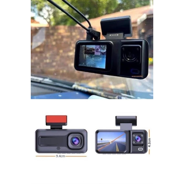 BFS 1080P 3 Lensli WİFİ Araç İçi Kameralı Ekran DVR Kaydedici Gece Görüşlü