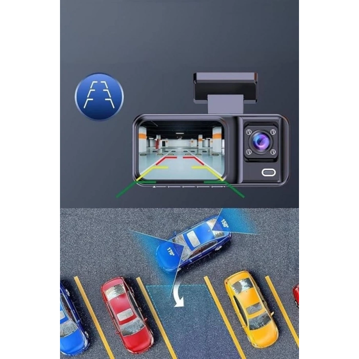 BFS 1080P 3 Lensli WİFİ Araç İçi Kameralı Ekran DVR Kaydedici Gece Görüşlü