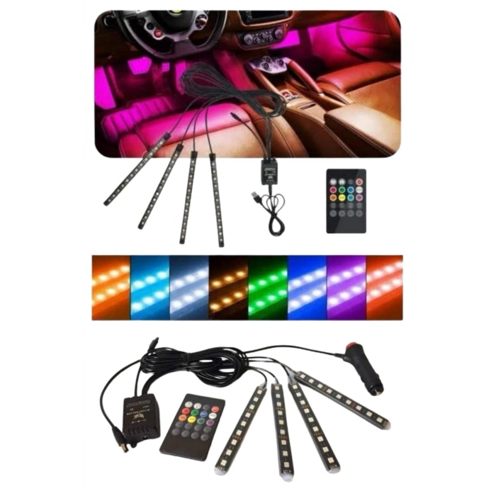 BFS 12 Ledli RGB Işıklı Araç Içi Ayak Altı Led Oto Ampul Kumandalı 7 Renk