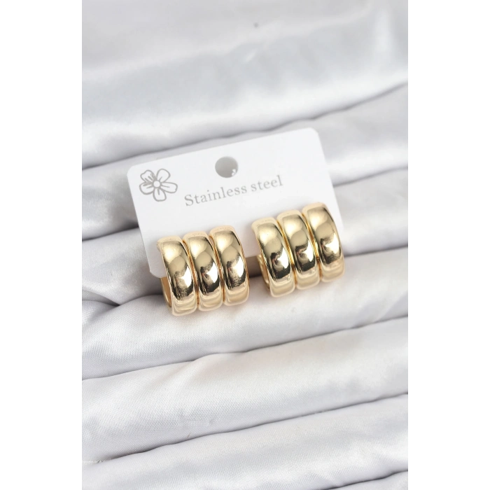 BFS 316L Çelik Gold Renk 3lü Görünüm Kadın Küpe