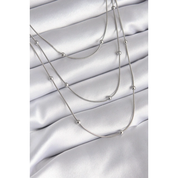 BFS 316L Çelik Gümüş Renk 3lü Topçuk Detay Kadın Kolye