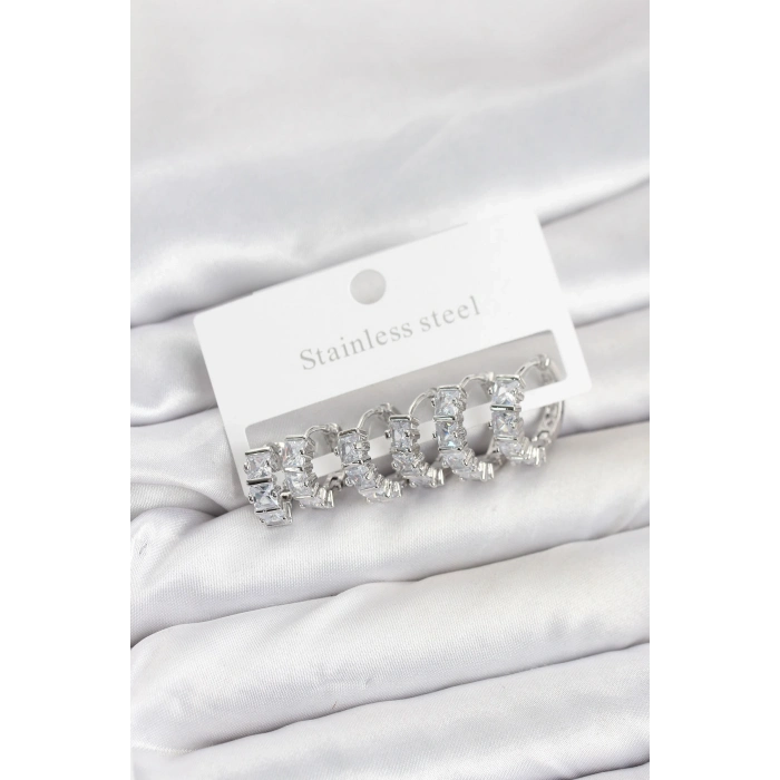 BFS 316L Çelik Gümüş Renk Baget Zirkon Taşlı Halka Küpe Seti