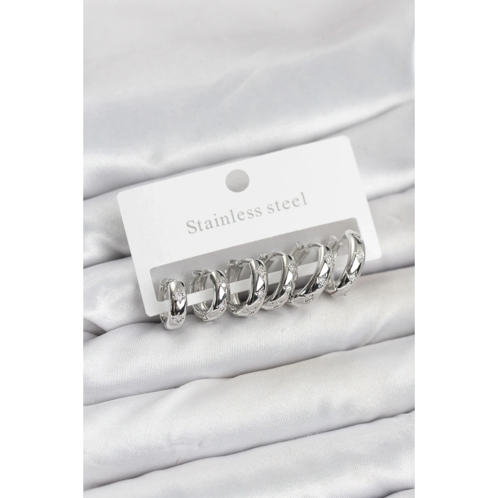 BFS 316L Çelik Gümüş Renk Zirkon Taşlı Kutup Yıldızı Model Halka Küpe Seti