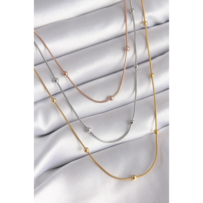 BFS 316L Çelik Mix Renk 3lü Topçuk Detay Kadın Kolye