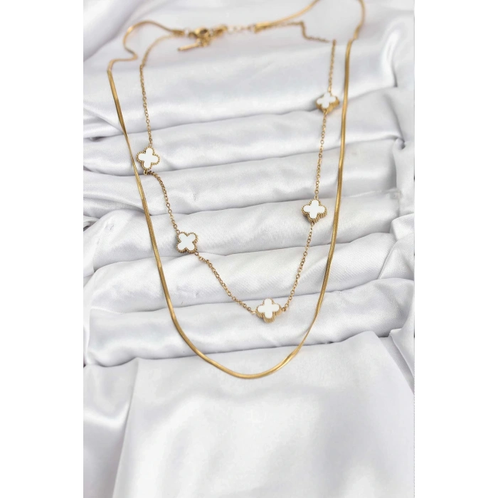 BFS 316L Çelik Zincir Gold Renk İtalyan Zincirli Yonca Model Kadın Kolye