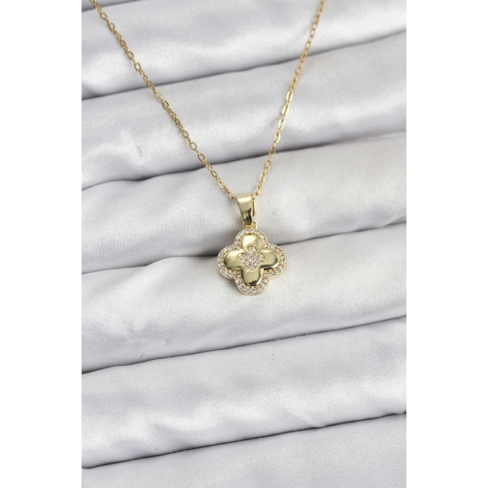 BFS 316L Çelik Zincir Gold Renk Zirkon Taşlı Yonca Model Kadın Kolye