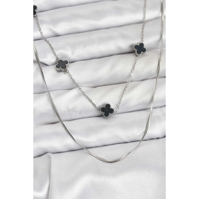 BFS 316L Çelik Zincir Gümüş Renk İtalyan Zincirli Siyah Yonca Model Kadın Kolye