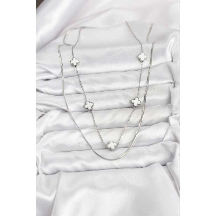 BFS 316L Çelik Zincir Gümüş Renk İtalyan Zincirli Yonca Model Kadın Kolye