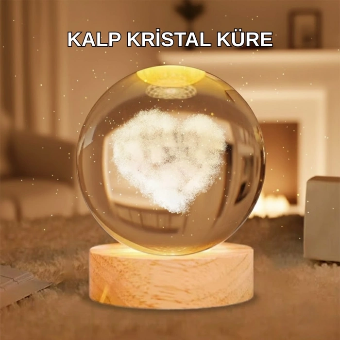 BFS Ahşap Standlı Kalp Motifli Işıklı Cam Küre Hediye Seçeneği