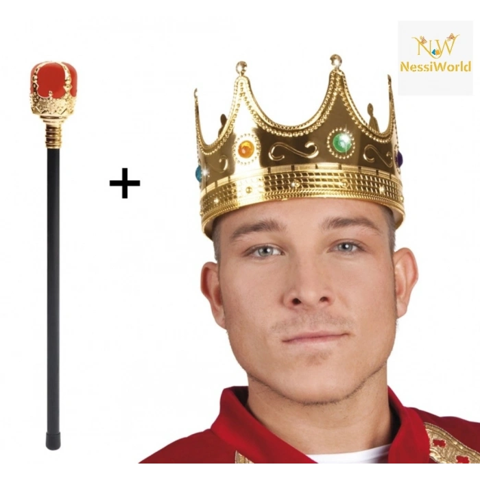 BFS Altın Renk 60 cm Kral Tacı Kraliyet Tacı ve Kırmızı Topuzlu Kral Asası Seti