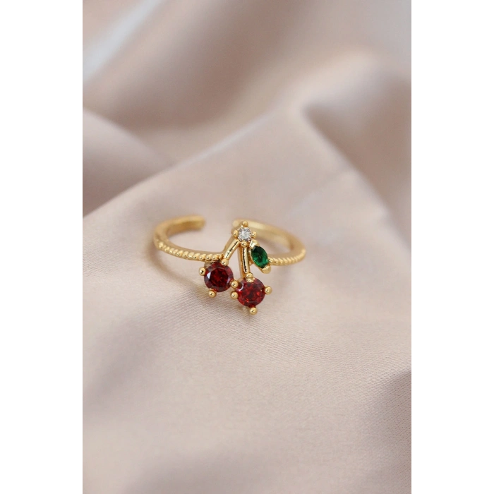 BFS Ayarlamalı Gold Renk Metal Renkli Zirkon Taşlı Kiraz Yüzük