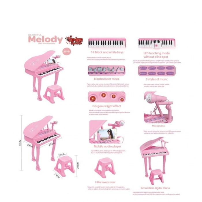 BFS  BAO-1403 0213  Mikrofonlu 37 Tuşlu Mp3 Çalar Büyük Pembe Piyano