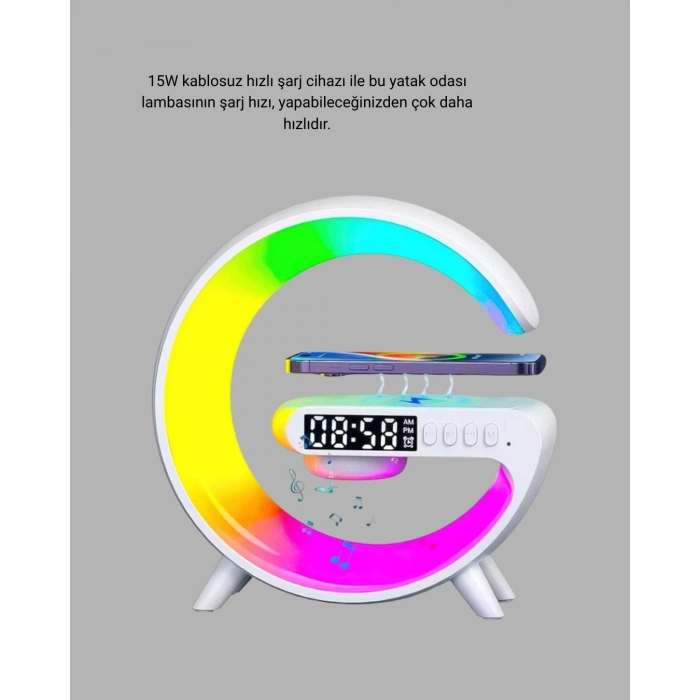 BFS Bluetooth Hoparlörlü RGB Atmosfer Lambası Kablosuz Şarj ve Saat Özellikli