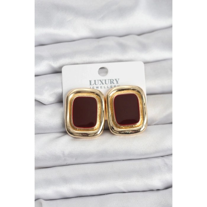 BFS Bordo Mineli Kare Gold Renk Vintage Kadın Küpe