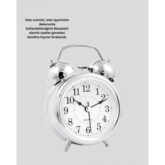 BFS Dekoratif Yuvarlak Gümüş Sessiz Işıklı Masa Üstü Çalar Saat Alarmlı ve Şık Tasarım