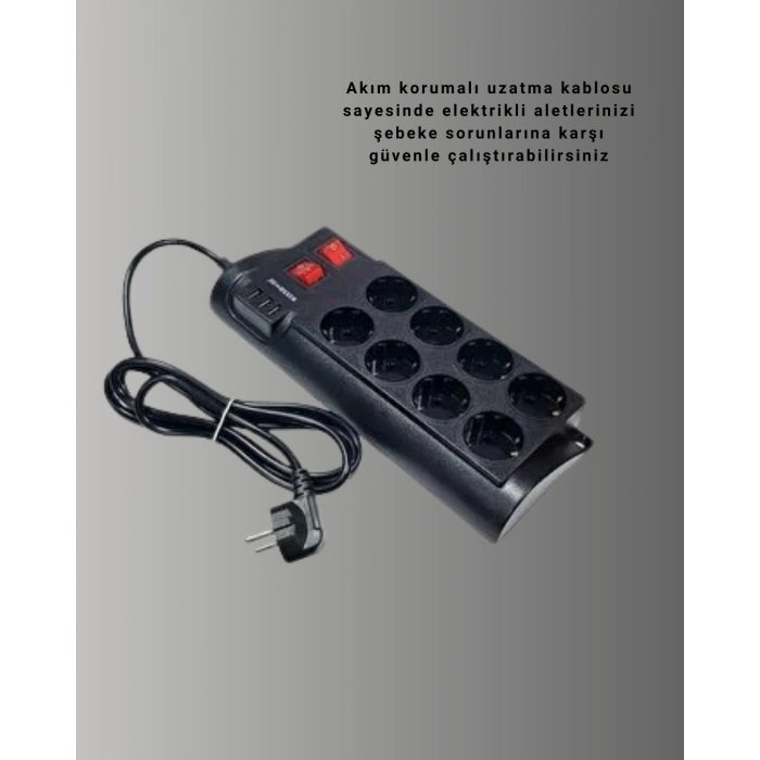 BFS Güçlü Termal Korumalı 8 Priz + 3 USB Çoklu Uzatma Kablosu 2m