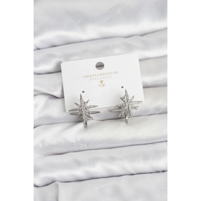 BFS Gümüş Renk Pirinç Çift Taraflı Kutup Yıldızı Kadın Küpe