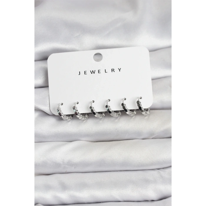 BFS Gümüş Renk Pirinç Minimal Petek Detaylı Kadın Küpe Seti