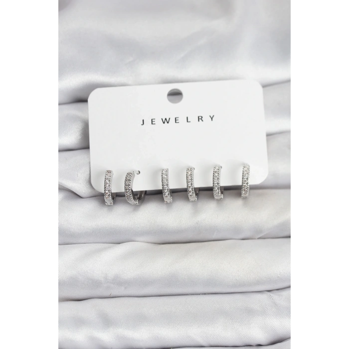 BFS Gümüş Renk Pirinç Zirkon Taşlı Halka Kadın Küpe Seti