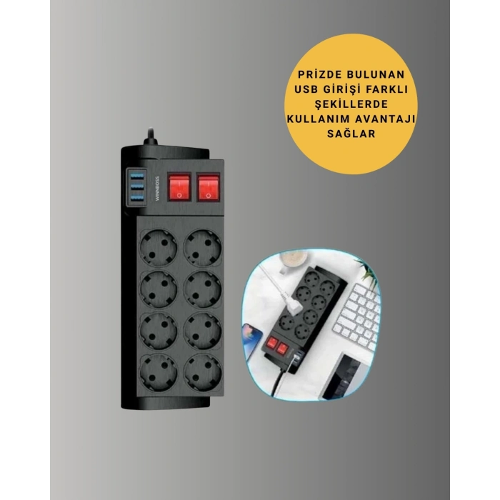 BFS Isıya Dayanıklı Termal Akım Korumalı 8li Priz ve 3 USB Girişli Uzatma Kablosu