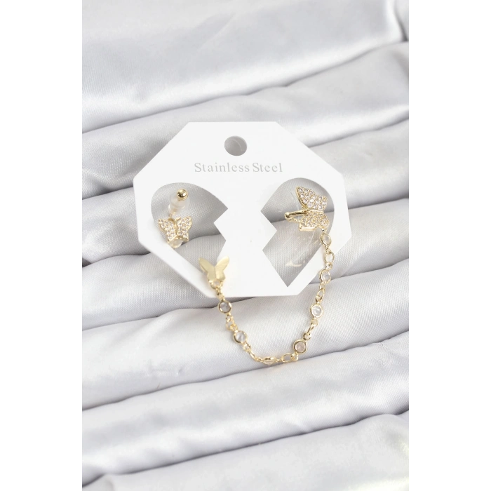 BFS Kelebek Model Pirinç Gold Renk Zincir Bağlantılı Ear Cuff Küpe Seti