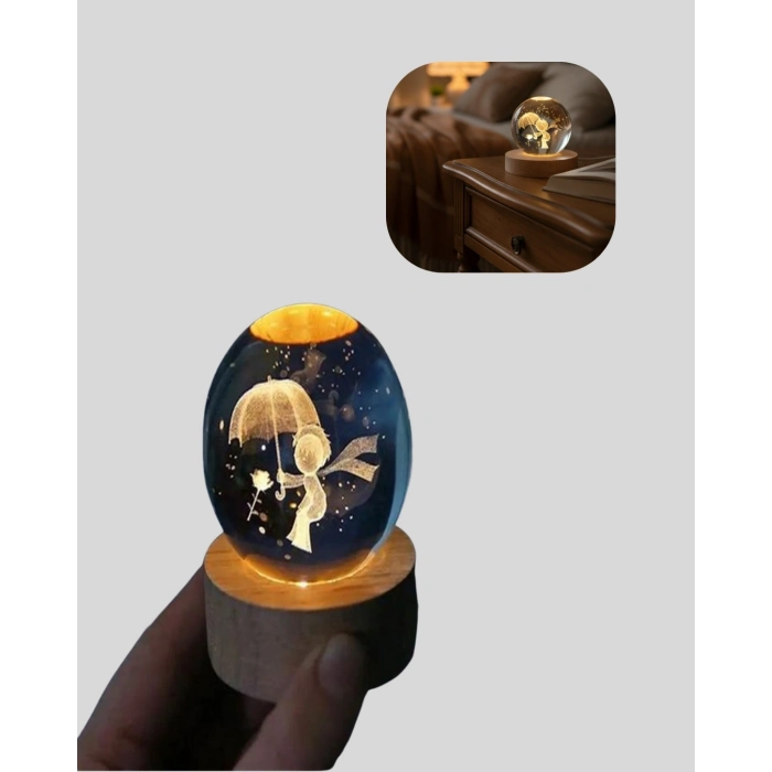BFS Küçük Prens Figürlü 3D Kristal Top Sıcak Işıklı USB Ahşap Tabanlı Dekor Lamba
