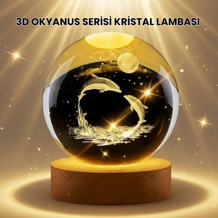BFS Lazer İşlemeli Yunus Kristal Küre Sıcak Işıklı Ahşap Standlı