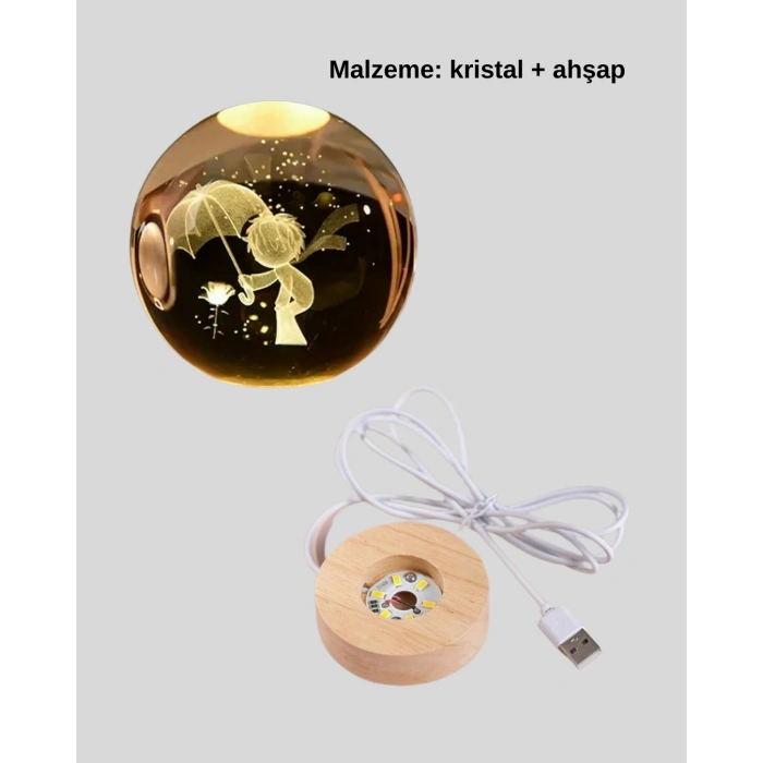 BFS LED Aydınlatmalı 3D Küçük Prens Kristal Küre Ahşap Standlı Masa Gece Lambası