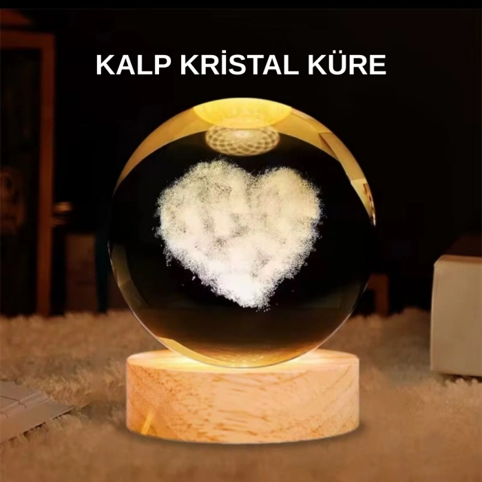 BFS LED Işıklı Kalp Desenli Cam Küre Büyük Boy Ahşap Tabanlı
