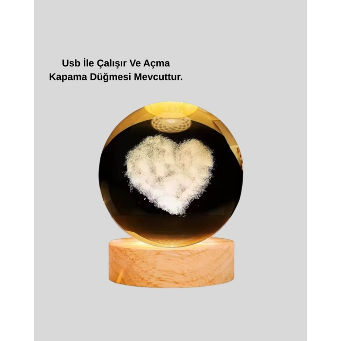 BFS LED Işıklı Kalp Desenli Cam Küre Büyük Boy Ahşap Tabanlı