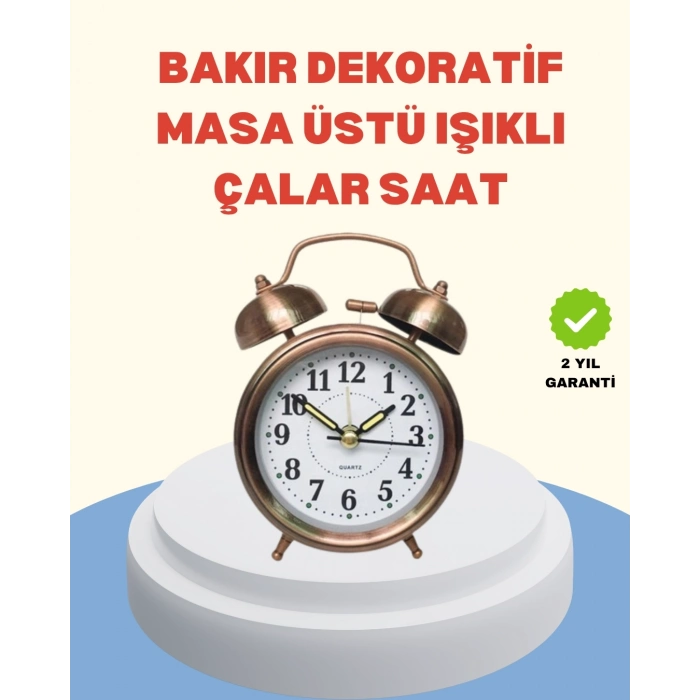BFS Metal Bronz Nostaljik Masa Saati Alarmlı Büyük Boy Sessiz Mekanizmalı