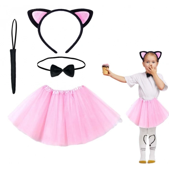 BFS Pembe Renk Etekli Kedi Kostüm Seti (Tütü, Taç, Papyon, Kuyruk)