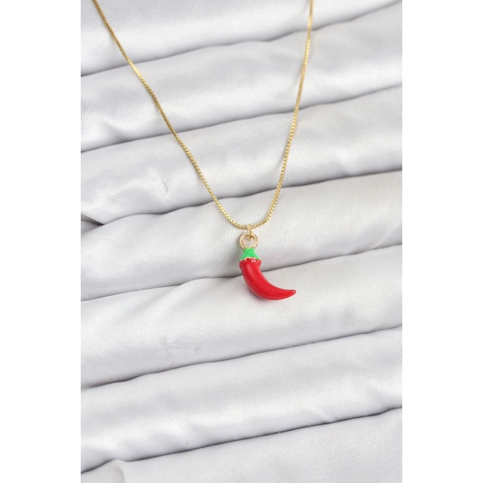 BFS Pirinç Gold Renk Kırmızı Kapya Biber Model Kadın Kolye