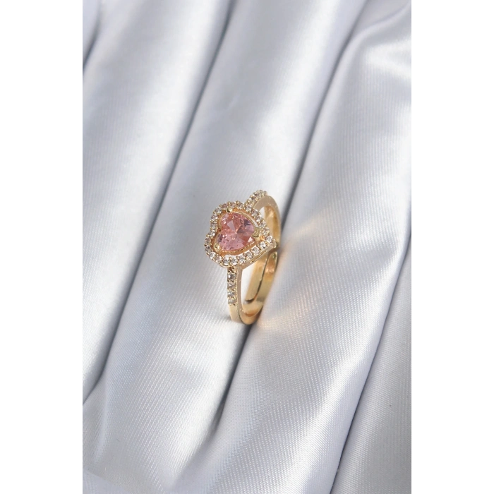 BFS Pirinç Gold Renk Pembe Zirkon Taş Kalp Charm Model Kadın Yüzük