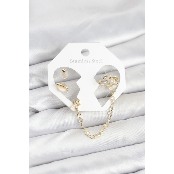 BFS Pirinç Gold Renk Uzay Model Zincir Bağlantılı Ear Cuff Küpe Seti