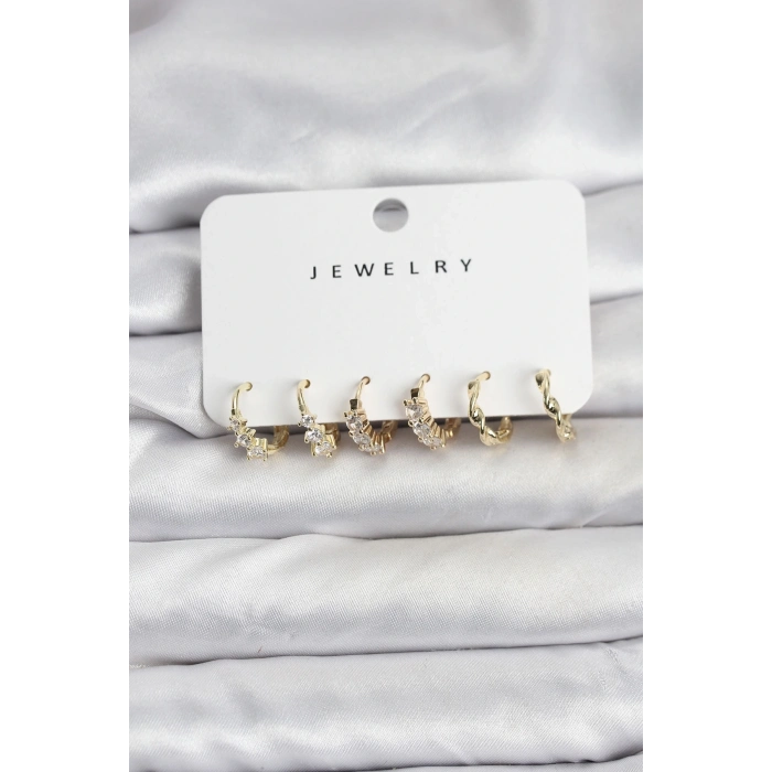 BFS Pirinç Gold Renk Zirkon Taşlı Kadın Küpe Seti