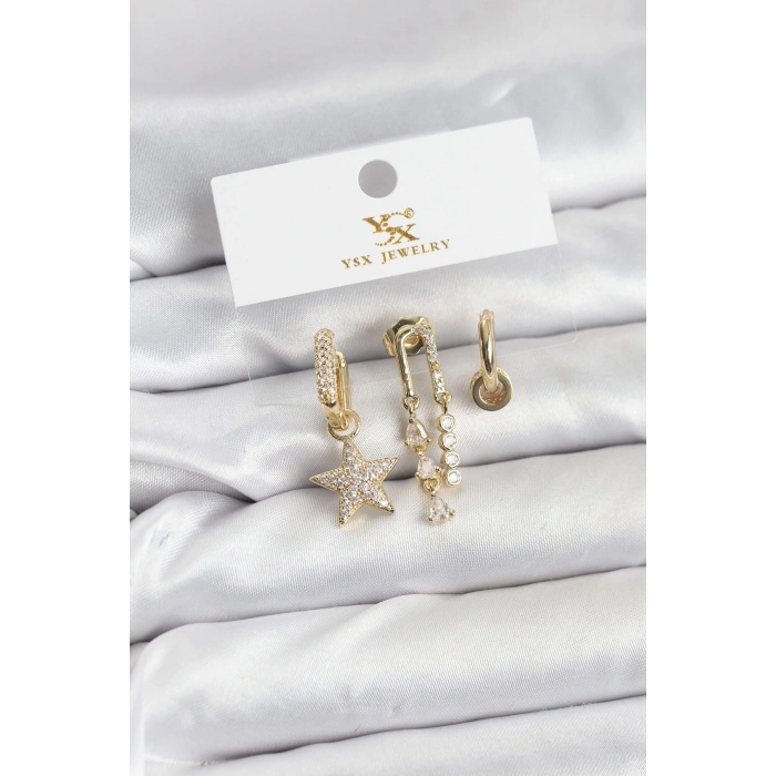 BFS Pirinç Gold Renk Zirkon Taşlı Yıldız Vintage Model YSX Trio Küpe Seti