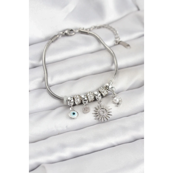 BFS Pirinç Gümüş Renk Güneş Charmlı Kadın Bileklik