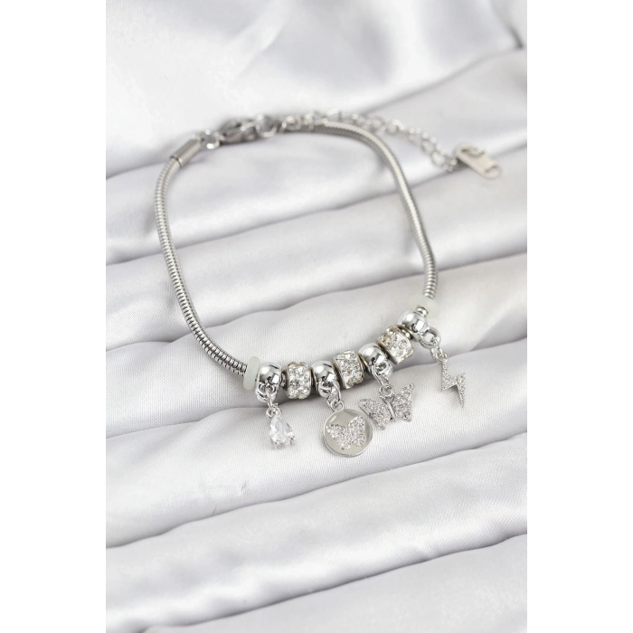 BFS Pirinç Gümüş Renk Kelebek Charmlı Kadın Bileklik